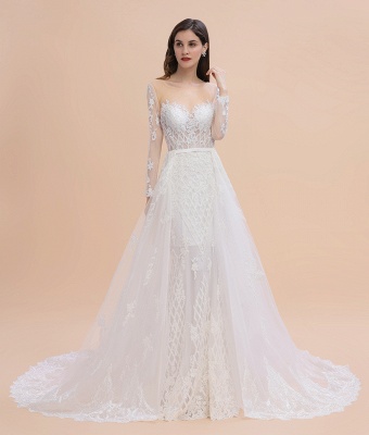 Luxury Beaded Lace Mermaid Wedding Dresses Tulle Appliques with Detachable Train_8