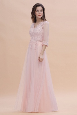 Elegant Half Sleves Pink Lace Tulle Bridesmaid Dress V-Neck Long Wedding Party Dress_6