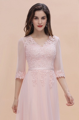 Elegant Half Sleves Pink Lace Tulle Bridesmaid Dress V-Neck Long Wedding Party Dress_8