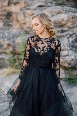 Elegant Long Sleeves Tulle Lace Appliques Black Wedding Dress_3