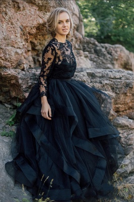 Elegant Long Sleeves Tulle Lace Appliques Black Wedding Dress_5