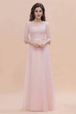 Elegant Half Sleves Pink Lace Tulle Bridesmaid Dress V-Neck Long Wedding Party Dress