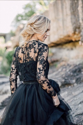 Elegant Long Sleeves Tulle Lace Appliques Black Wedding Dress_2