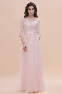 Elegant Half Sleves Pink Lace Tulle Bridesmaid Dress V-Neck Long Wedding Party Dress_5