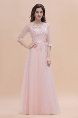 Elegant Half Sleves Pink Lace Tulle Bridesmaid Dress V-Neck Long Wedding Party Dress_7