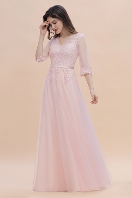 Elegant Half Sleves Pink Lace Tulle Bridesmaid Dress V-Neck Long Wedding Party Dress_4