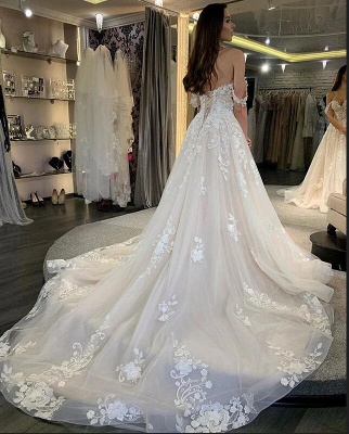 Elegant Off-the-Shoulder Tulle A-line Wedding Dresses Lace Appliques Bridal Dress with Sweep Train_2