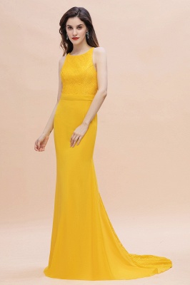 Jewel Neck Mermaid Bridesmaid Dress Yellow Lace Chiffon Long Wedding Party Dress_5