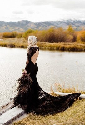 Long Sleeves Black Mermaid Wedding Gown Backless Lace Bridal Dresses_2