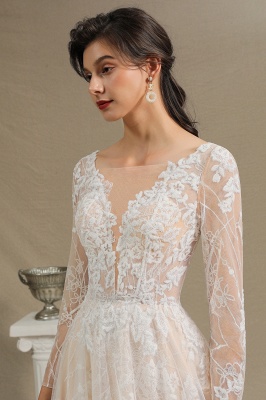 Elegant Lace Deep V-neck Wedding Dress Long Sleeve Floor Length Bridal Gowns_5