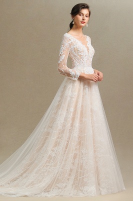 Elegant Lace Deep V-neck Wedding Dress Long Sleeve Floor Length Bridal Gowns_7