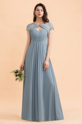 Elegant Short Sleeve Lace Chiffon Bridesmaid Dress Dusty Blue Formal Dress_1