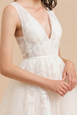 Ivory V-Neck Tulle Lace Appliques Simple Wedding Dress Garden Wedding Gowns_7