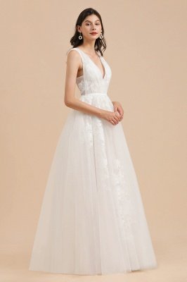 Ivory V-Neck Tulle Lace Appliques Simple Wedding Dress Garden Wedding Gowns_4