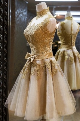 Luxury High Neck Sleeveless Golden Appliques Tulle Short Prom Dress UK_3