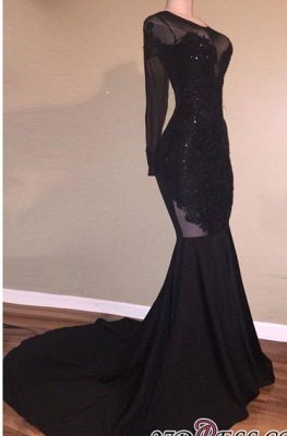 Elegant Long-Sleeves Mermaid Black Backless Appliques Prom Dress UK BA5131_2