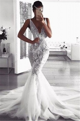 Elegant Sexy Mermaid Deep v-Neck Wedding Dresses UK | Sleeveless Tulle Appliques Bridal Gowns_1