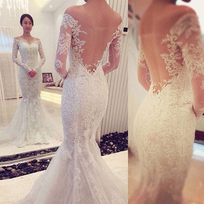 Elegant  Sexy Mermaid Off-the-shoulder Long Sleeve Lace Wedding Dress_3