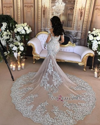 Silver Glamorous Lace Long-Sleeve Sexy Mermaid High-Neck Wedding Dresses UK BH-362_8