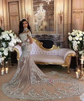 Silver Glamorous Lace Long-Sleeve Sexy Mermaid High-Neck Wedding Dresses UK BH-362_5