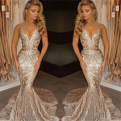 Luxury V-Neck Mermaid Sequins Prom Dress UK_3