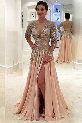 V-neck Long Sleeves Front Slit Floor Length Chiffon Evening Dresses_1