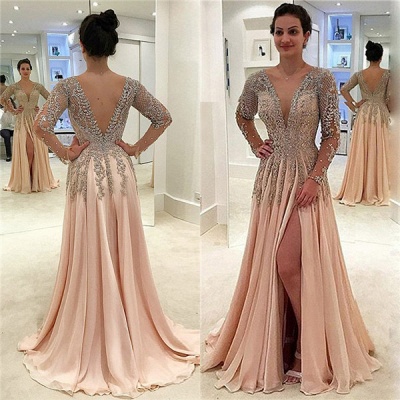 V-neck Long Sleeves Front Slit Floor Length Chiffon Evening Dresses_3