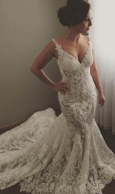 V-neck Sleeveless  Sexy Mermaid Wedding Dresses UK Lace Appliques Bridal Gown WE0196_1