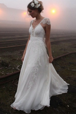 Elegant Summer Beach Wedding Dresses UK Cap Sleeve Lace Long  Bridal Gowns_2