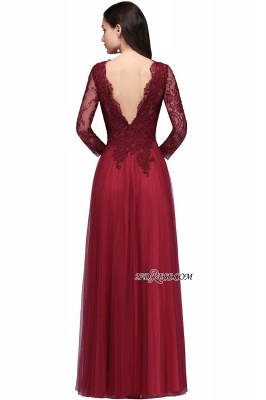 V-Neck Long-Sleeves Burgundy Floor-Length A-line Prom Dress UKes UK_9