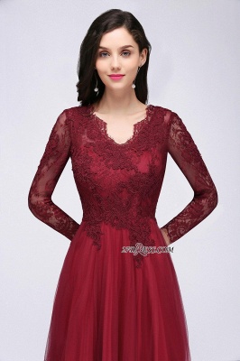 V-Neck Long-Sleeves Burgundy Floor-Length A-line Prom Dress UKes UK_10