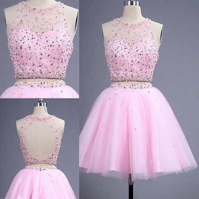 Pink two Pieces Short Prom Dress UK Beadings Tulle Homecoming Dress UK_2